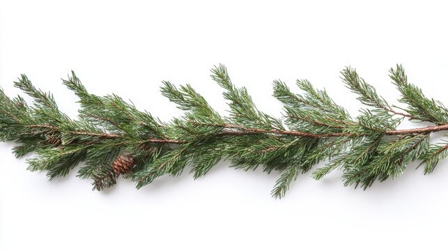 Pine branch with cones on white background showcasing natural greenery and texture