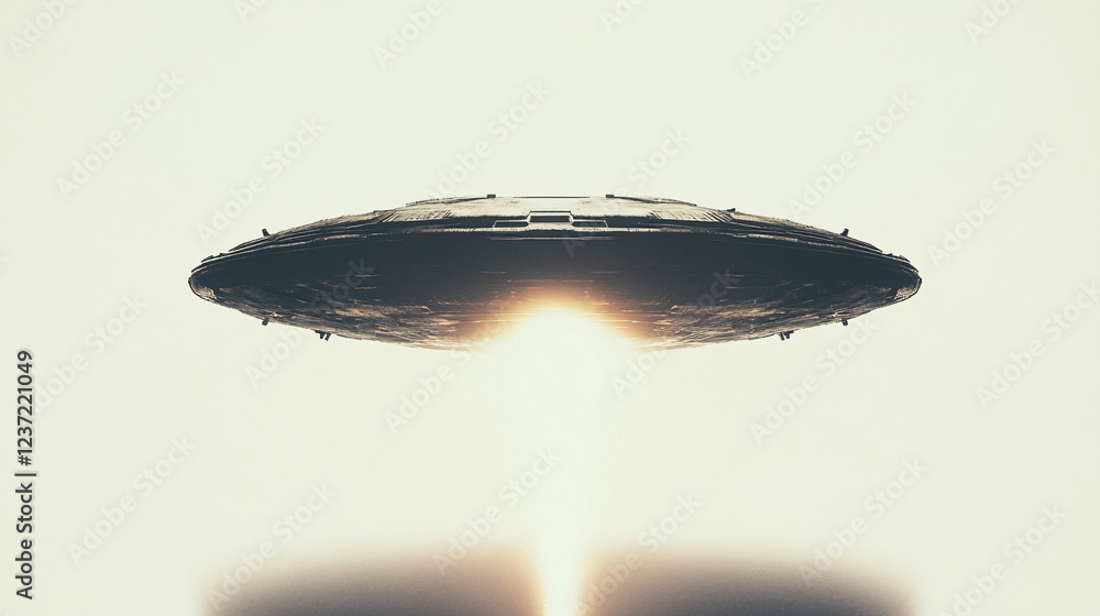 Poster futuristic ufo hovering with a bright light beam emerging from below in a sci-fi setting creating a 