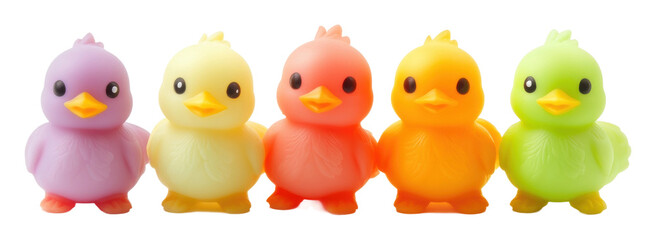 Colorful plastic ducks lined up in a row isolated on transparent background