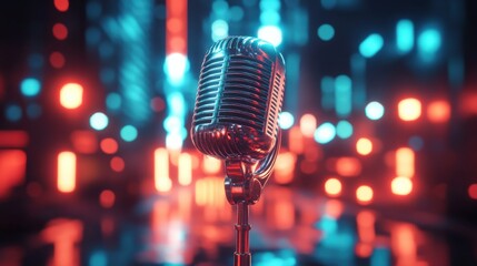 Vintage microphone close-up with vibrant neon bokeh lights in red and blue