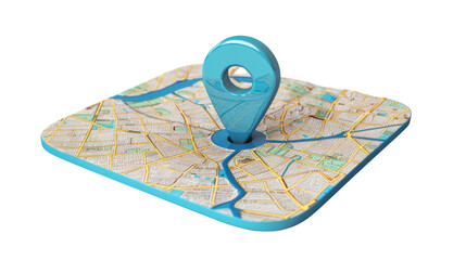 Blue location pin pointing on a city map on transparent background