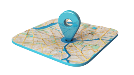 Blue location pin pointing on a city map on transparent background