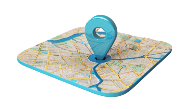 Blue location pin pointing on a city map on transparent background