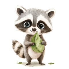 Obraz premium Cute watercolor cartoon raccoon holding leaf with big eyes and fluffy fur isolated png