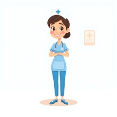 an image of a nurse standing with her arms crossed, cartoon nurse in blue uniform standing with...