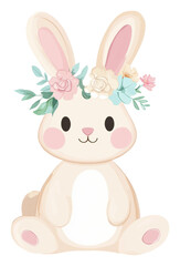 Obraz premium Cute bunny with floral crown sitting quietly isolated on transparent background