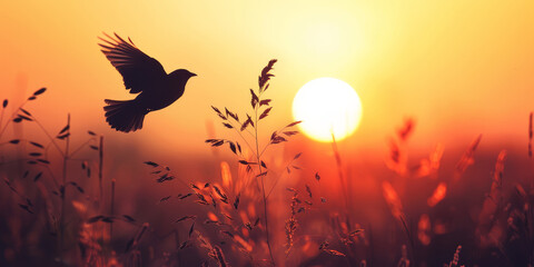 A bird in flight over a grassy field during sunset with a vibrant orange sky and the sun glowing in the background