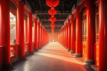 Sunlit red corridor in Chinese temple, peaceful atmosphere, travel.