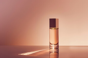A sleek perfume bottle with a minimalist design standing on a reflective surface against a warm beige background