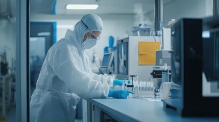Naklejka premium An industrial hygienist conducting air quality tests in a manufacturing facility, with air monitoring devices and factory equipment around, Air quality testing scene
