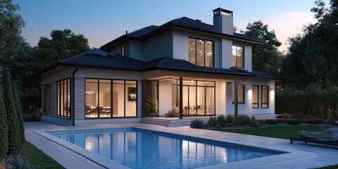Fototapeta premium A large house with a pool and a fireplace. The house is surrounded by trees and has a lot of windows