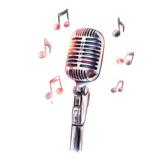 Vintage microphone with musical notes illustration on transparent background isolated png