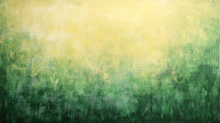 A textured abstract painting blending green and yellow tones in a natural gradient resembling a sunlit field or meadow

