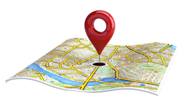 Red location pin pointing a destination on folded city map with transparent background