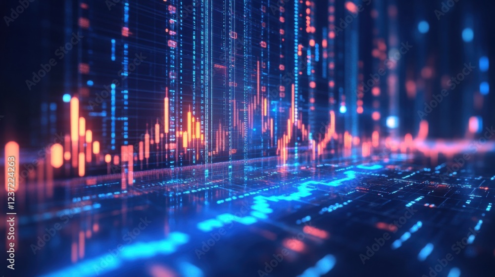 Poster abstract digital data visualization with glowing bars and lines in blue and red tones
