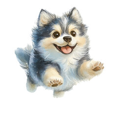 Obraz premium Playful fluffy cartoon dog leaping with joy in mid-air illustration isolated png