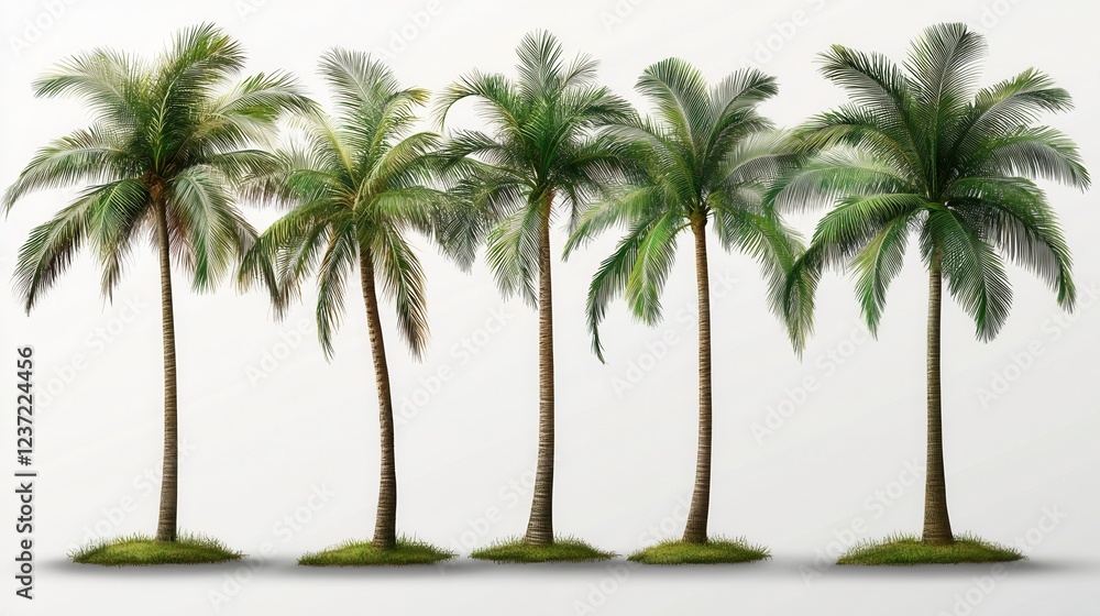 Poster five tall palm trees in a row on small grass patches against a clear sky background