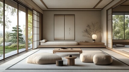 Elegant minimalist japanese zen room with large windows and traditional tatami mats