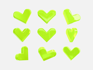 3D picture in the shape of transparent hearts, rendered in neon green color, for  Valentine's Day design