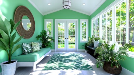 Sunlit green sunroom with plants, seating, and garden view