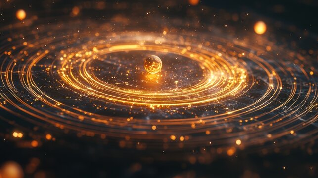 Glowing orb in a cosmic swirl of radiant energy and light particles in space