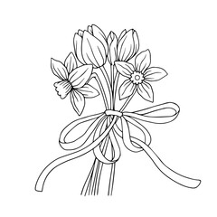 Line sketch, coloring of a festive bouquet with spring flowers of tulips and daffodils. Vector graphics.