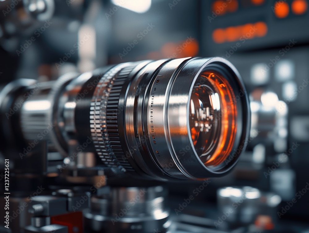 Poster a highly advanced camera lens set within an intricate piece of machinery. the device is illuminated 