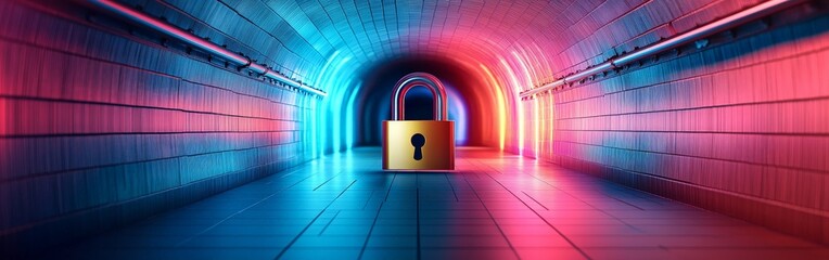 A glowing neon lock inside a cyber tunnel, symbolizing online security, encryption, and data protection. Perfect for cybersecurity, technology, and digital safety themes.