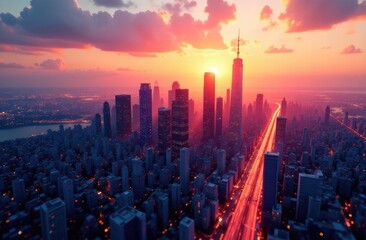 Obraz premium Fast speed internet data with modern smart city aerial skyline cityscape at sunset.