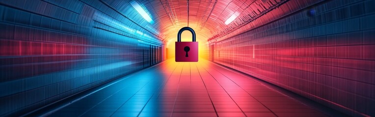 A glowing neon lock inside a cyber tunnel, symbolizing online security, encryption, and data protection. Perfect for cybersecurity, technology, and digital safety themes.