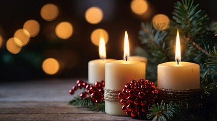 Cozy Christmas still life with candles, decorations, and festive atmosphere featuring ornaments, pine branches, and warm glowing flame, Christmas Background