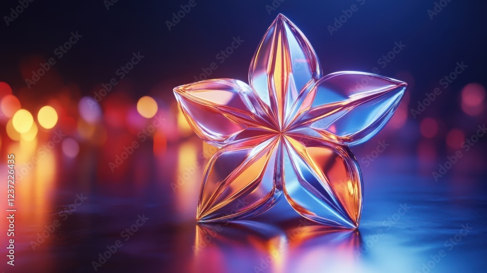 Poster crystal flower on reflective surface with colorful bokeh in soft focus