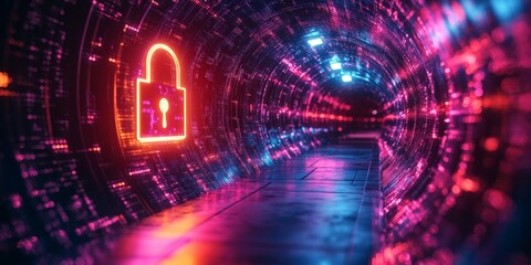Obraz premium A glowing neon lock inside a cyber tunnel, symbolizing online security, encryption, and data protection. Perfect for cybersecurity, technology, and digital safety themes.