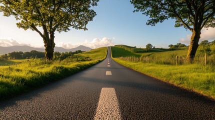 Fototapeta premium A picturesque countryside road stretching into rolling green hills, bathed in golden sunlight, creating a peaceful, dreamy landscape.