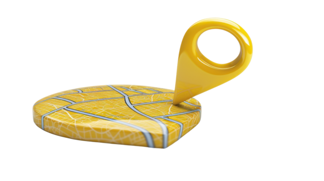 Yellow location pin pointing city map on transparent background