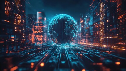 Obraz premium Futuristic digital cityscape with neon globe in center at night