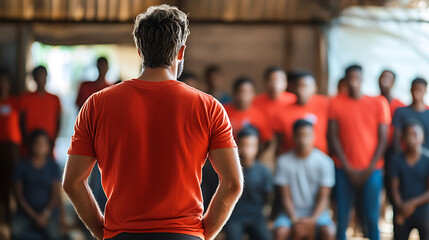 A top performer in a humanitarian organization, standing in front of a group of volunteers, leading a successful campaign