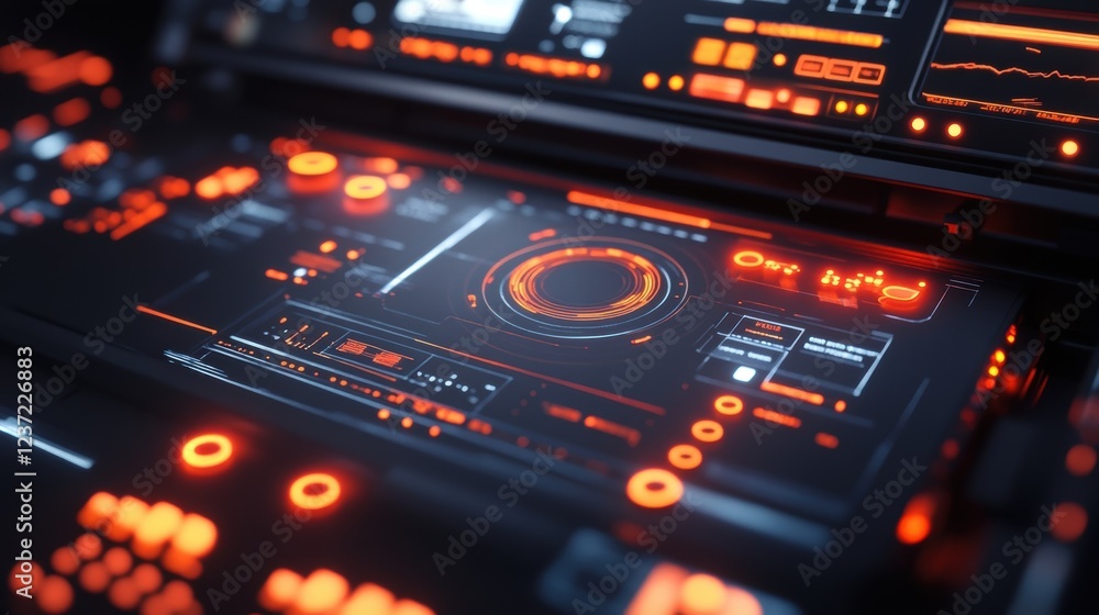 Poster futuristic control panel with glowing orange lights and digital displays showing complex data analys