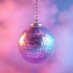Obraz premium A classic disco ball with bright, colorful reflections, set against a pink and purple glowing background. Ideal for nightlife, parties, and music-themed content.