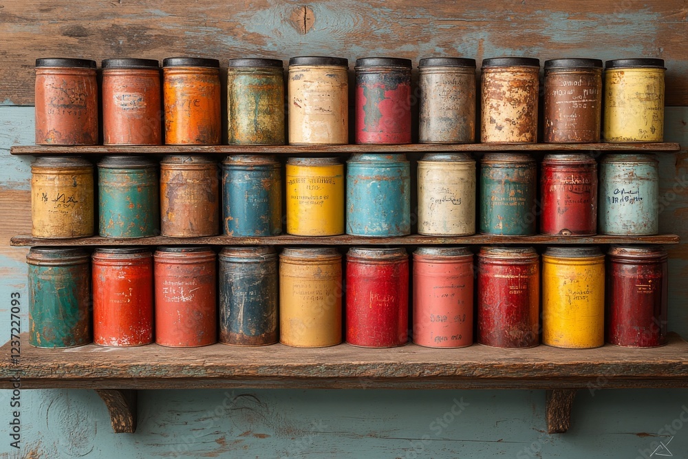 Poster rows of vintage paint cans displaying a colorful array for artistic inspiration