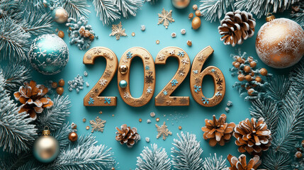 Golden "2026" with snowflakes, pinecones, and winter decorations on a frosty blue background.