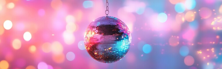 Obraz premium A classic disco ball with bright, colorful reflections, set against a pink and purple glowing background. Ideal for nightlife, parties, and music-themed content.