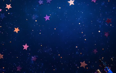 Naklejka premium Dark blue background with star-shaped confetti and champagne bottles