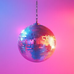 A classic disco ball with bright, colorful reflections, set against a pink and purple glowing background. Ideal for nightlife, parties, and music-themed content.