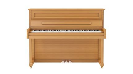 Wooden upright piano keyboard instrument with transparent background
