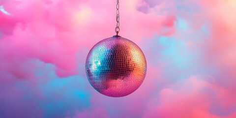 Fototapeta premium A classic disco ball with bright, colorful reflections, set against a pink and purple glowing background. Ideal for nightlife, parties, and music-themed content.