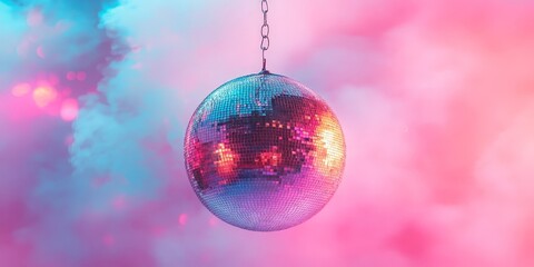 Fototapeta premium A classic disco ball with bright, colorful reflections, set against a pink and purple glowing background. Ideal for nightlife, parties, and music-themed content.