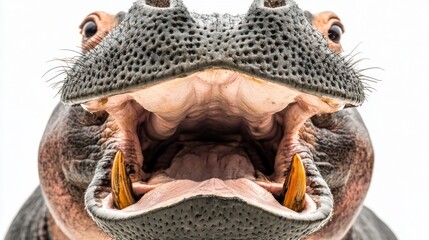Obraz premium Close-up of hippo mouth with teeth displayed against white background
