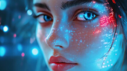 Futuristic close-up of young woman's face with digital holographic projections and blue glowing lights