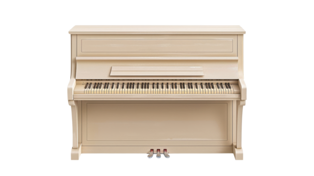 White upright piano keyboard showing music instrument on transparent background
